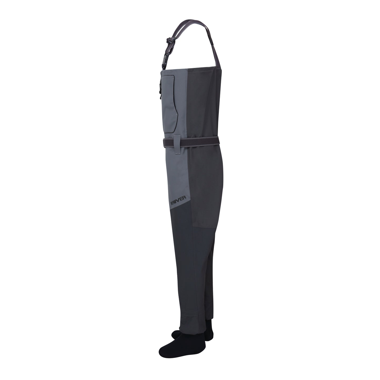 Front view of BRIVER men's 4-layer zipper wader featuring 100% waterproof TIZIP masterseal, reinforced dark grey knees, and dual chest pockets.