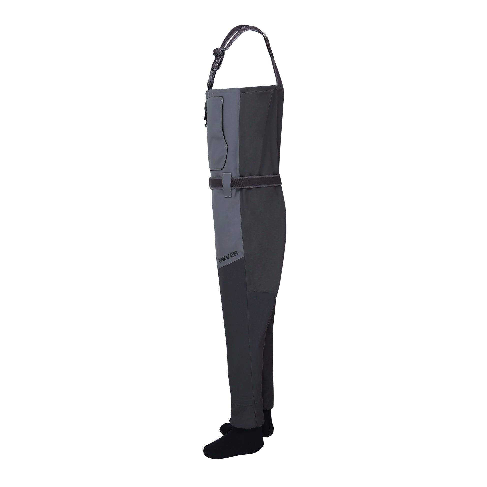 Front view of BRIVER men's 4-layer zipper wader featuring 100% waterproof TIZIP masterseal, reinforced dark grey knees, and dual chest pockets.