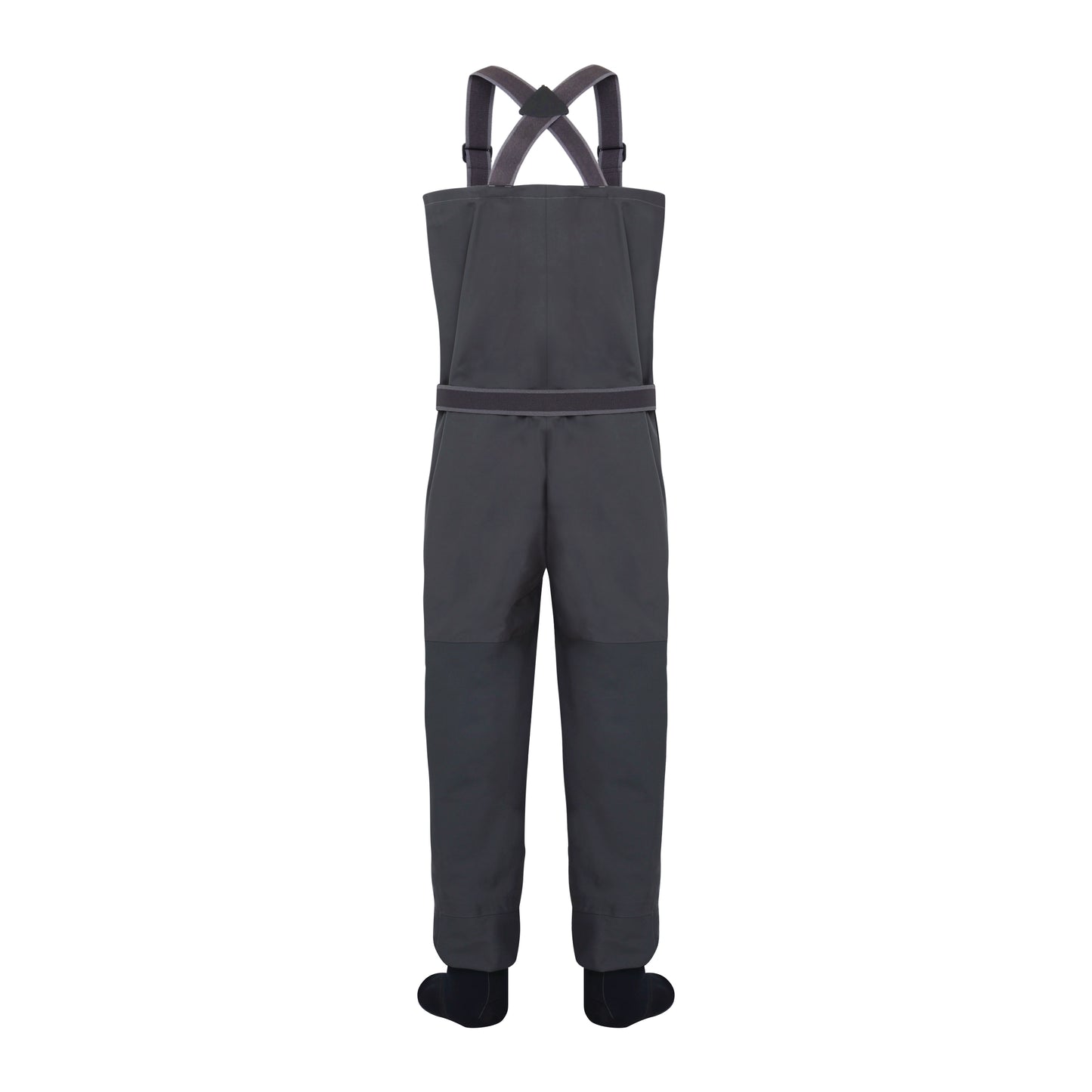 Back view of BRIVER zipper waders displaying adjustable X-back suspenders and reinforced seat panel for extra durability