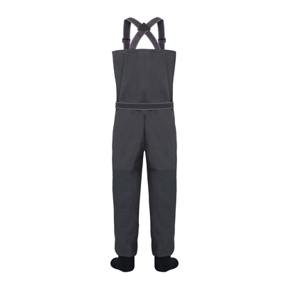 Back view of BRIVER zipper waders displaying adjustable X-back suspenders and reinforced seat panel for extra durability